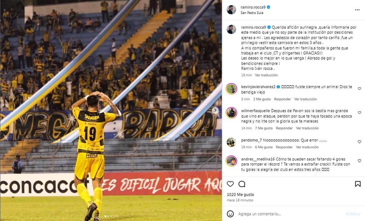 El mensaje de despedida de Ramiro Rocca en su cuenta de Instagram.