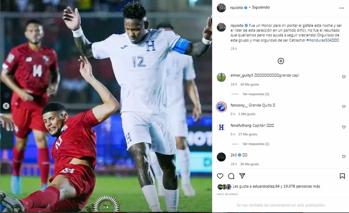 Romell Quioto se mostró feliz en redes sociales de ser el capitán de Honduras ante Panamá.