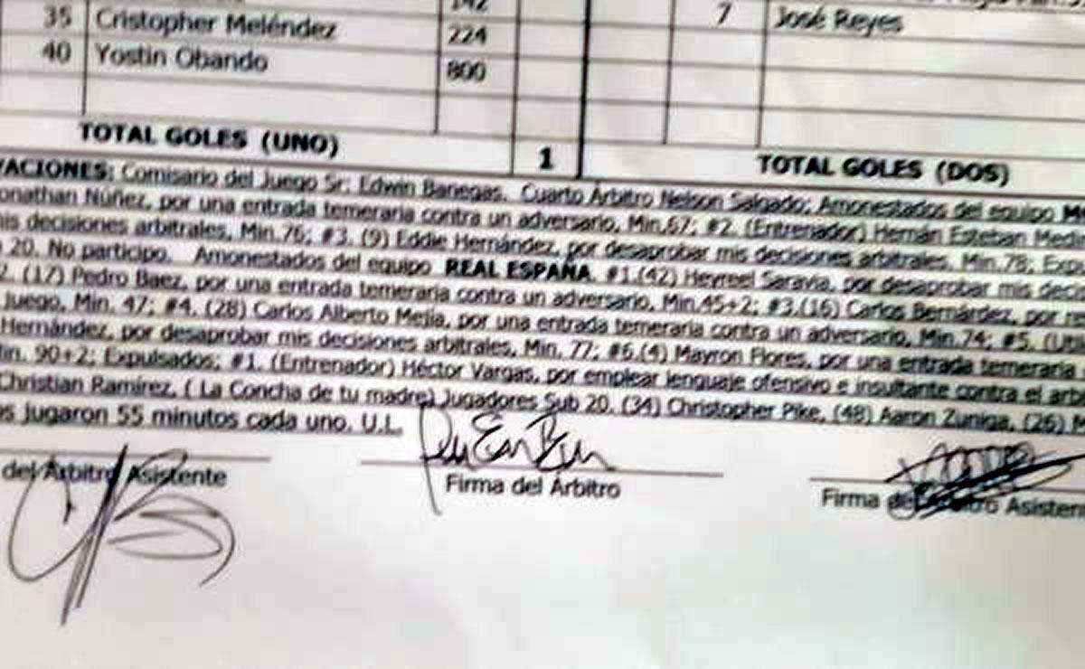 Esto es lo que dice el acta arbitral del Clásico Motagua-Real España.