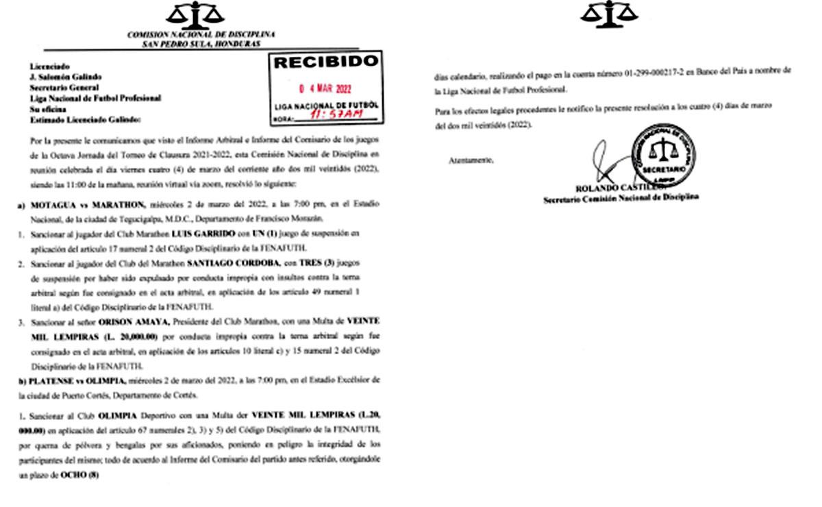 El comunicado de la Comisión de Disciplina anunciando los castigos.