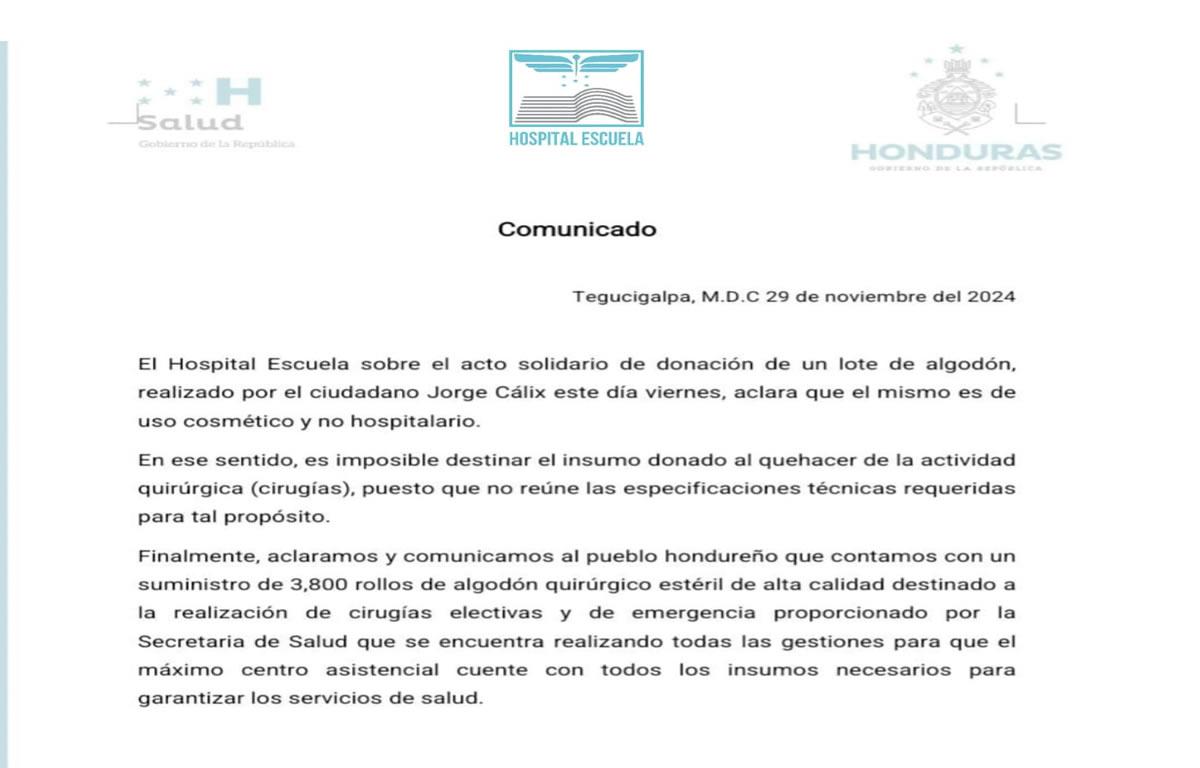 Comunicado del Hospital Escuela.