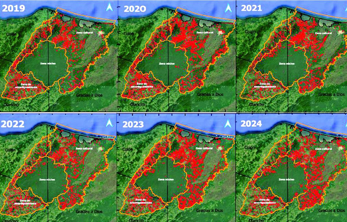 $!Los puntos rojos son las alertas. Por ejemplo, en 2024 hubo puntos rojos en 8,991.3 hectáreas, mientras que en 2023 hubo en 16,040 hectáreas; es decir, en el doble de superficie con diferencia de un año.