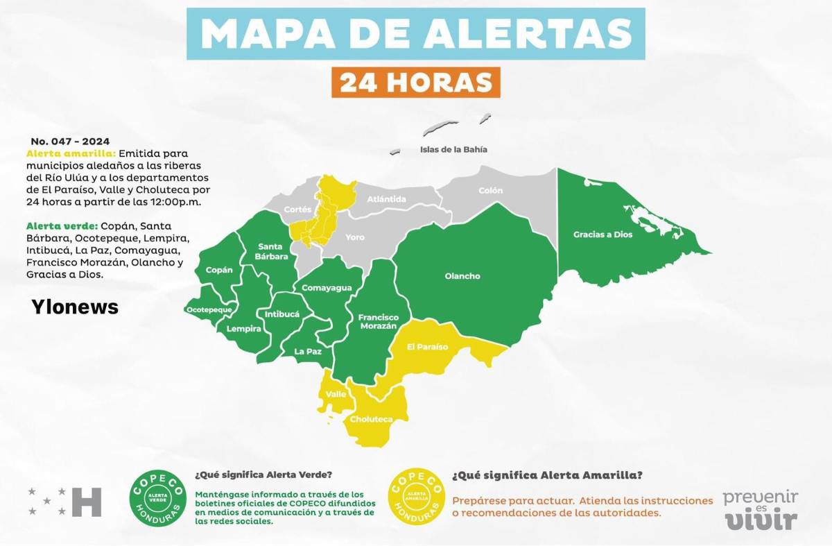 Mapa de alertas de Copeco en departamentos y municipios de Honduras.