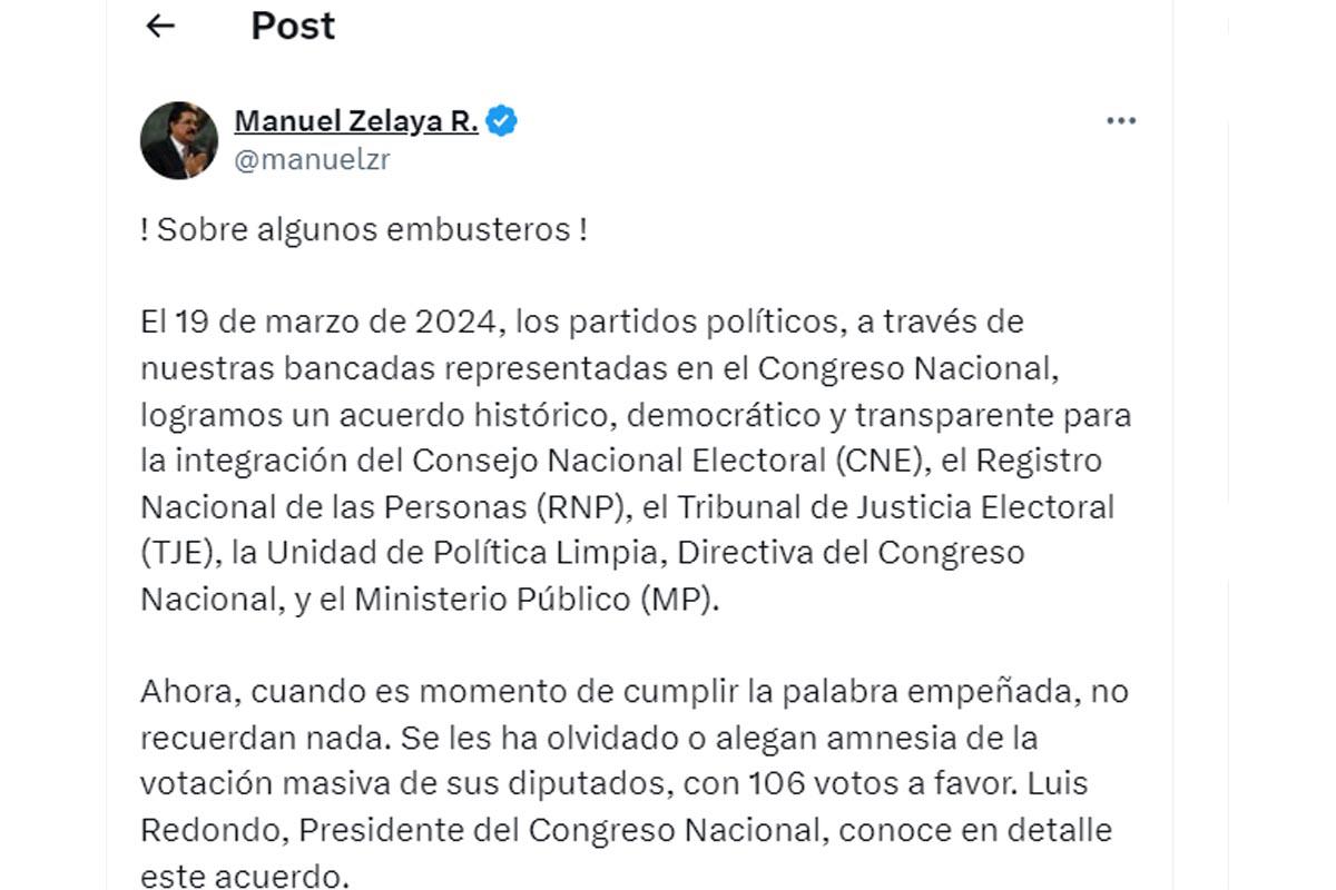 Posteo de Manuel Zelaya en su cuenta de X