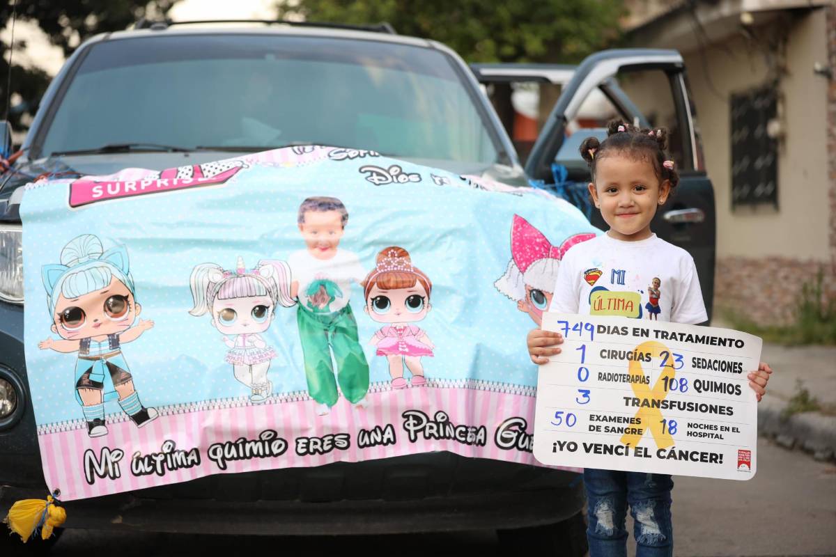La pequeña Emely Ariadna Garay junto al banner de su última quimioterapia.