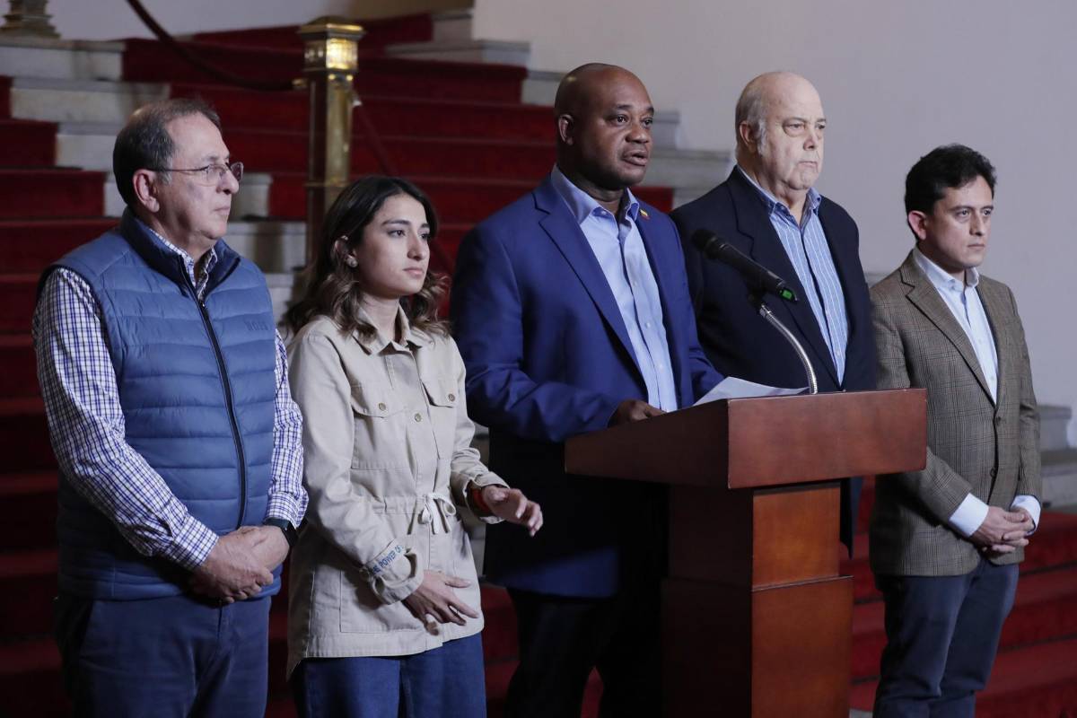 El canciller colombiano Murillo y otros funcionarios durante el pronunciamiento.