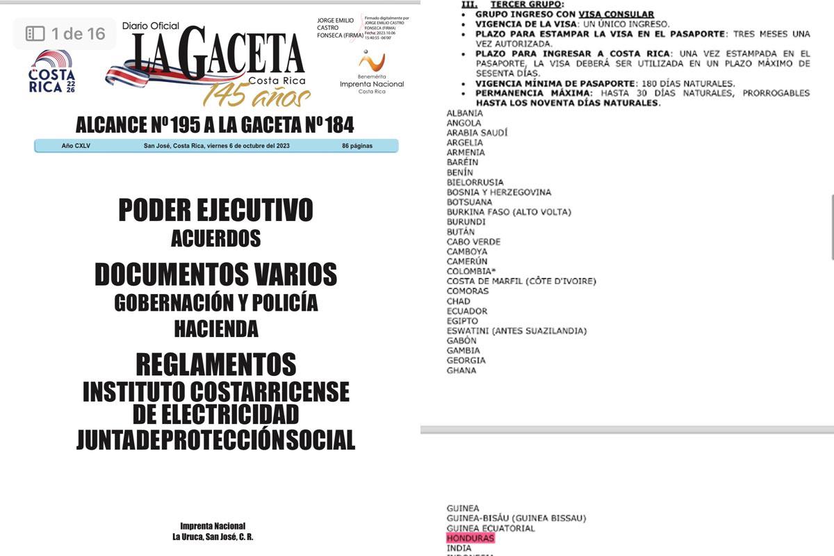 El decreto publicado por el gobierno de Costa Rica.