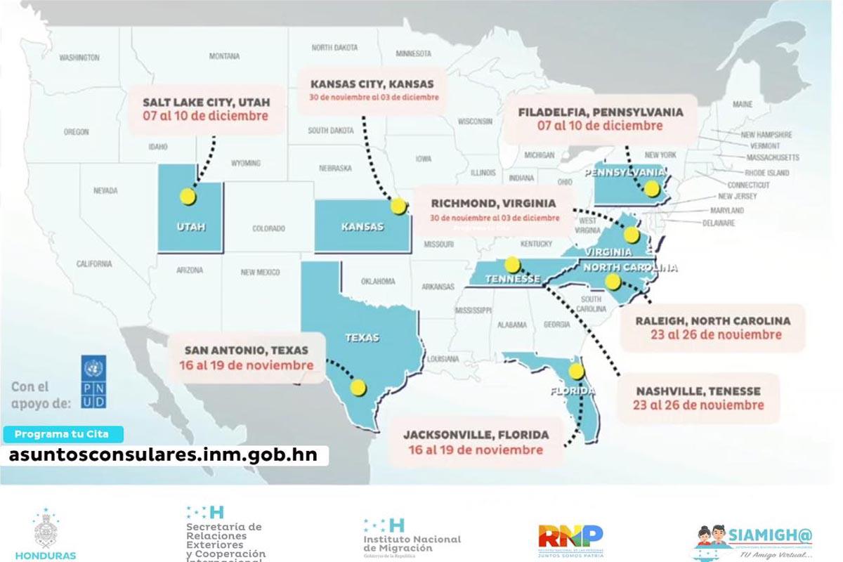 Mata de los lugares donde estarán los consulados móviles.
