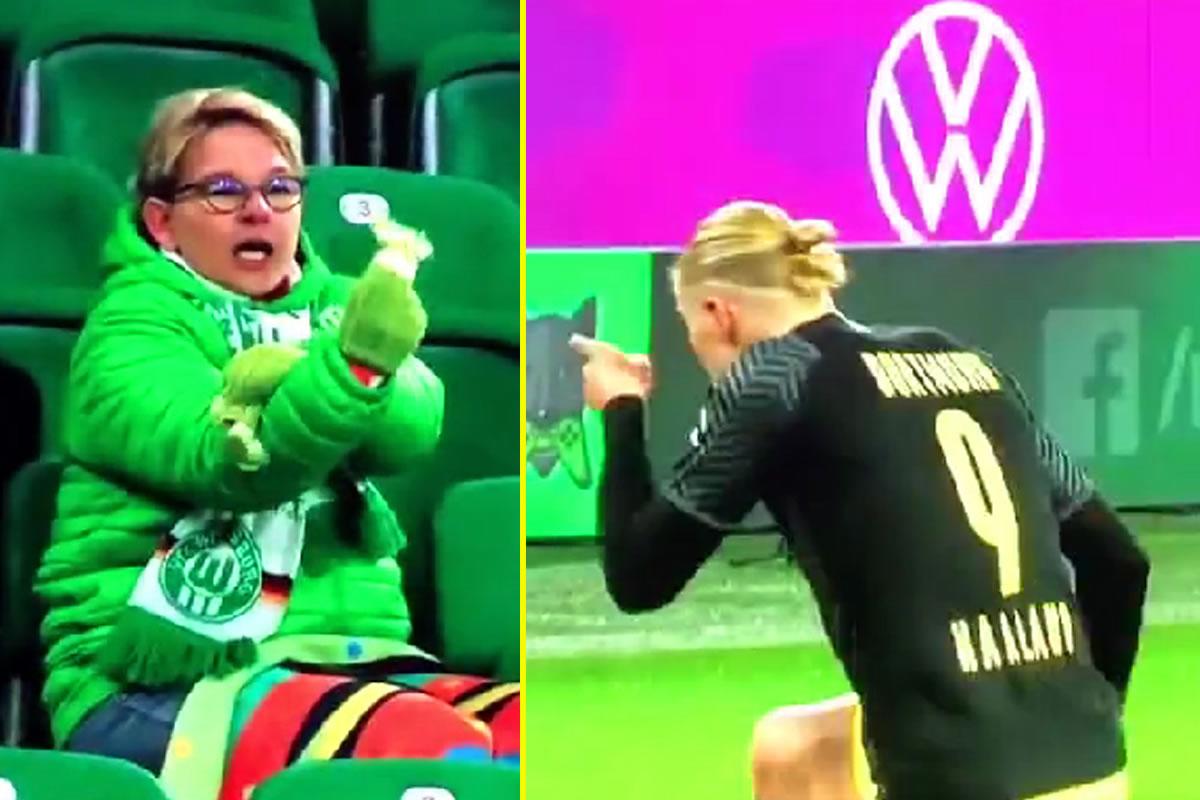 $!Así reaccionó esta aficionada del Wolfsburgo tras el gol de Haaland.