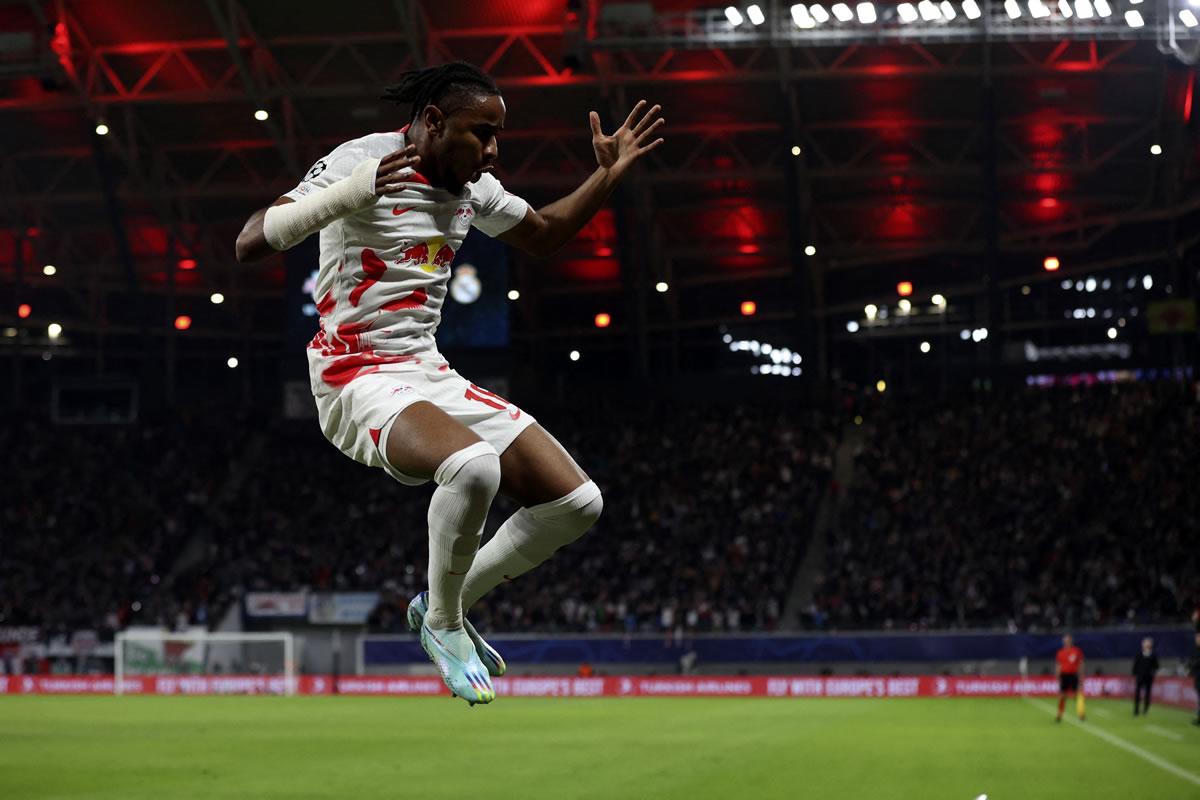 El francés Christopher Nkunku celebrando el 2-0 del Leipzig contra el Real Madrid.