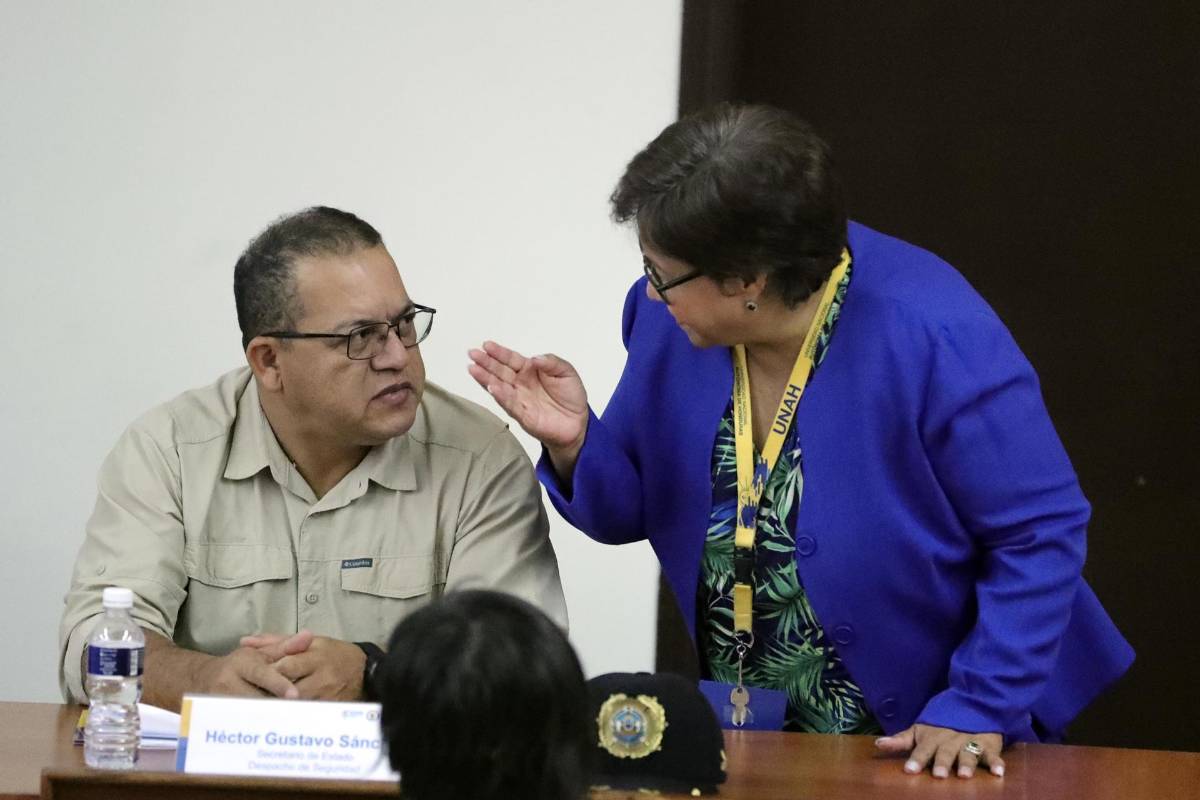 La directora del Observatorio de la Violencia de la Unah, Migdonia Ayestas, habla con el ministro de Seguridad, Gustavo Sanchez.