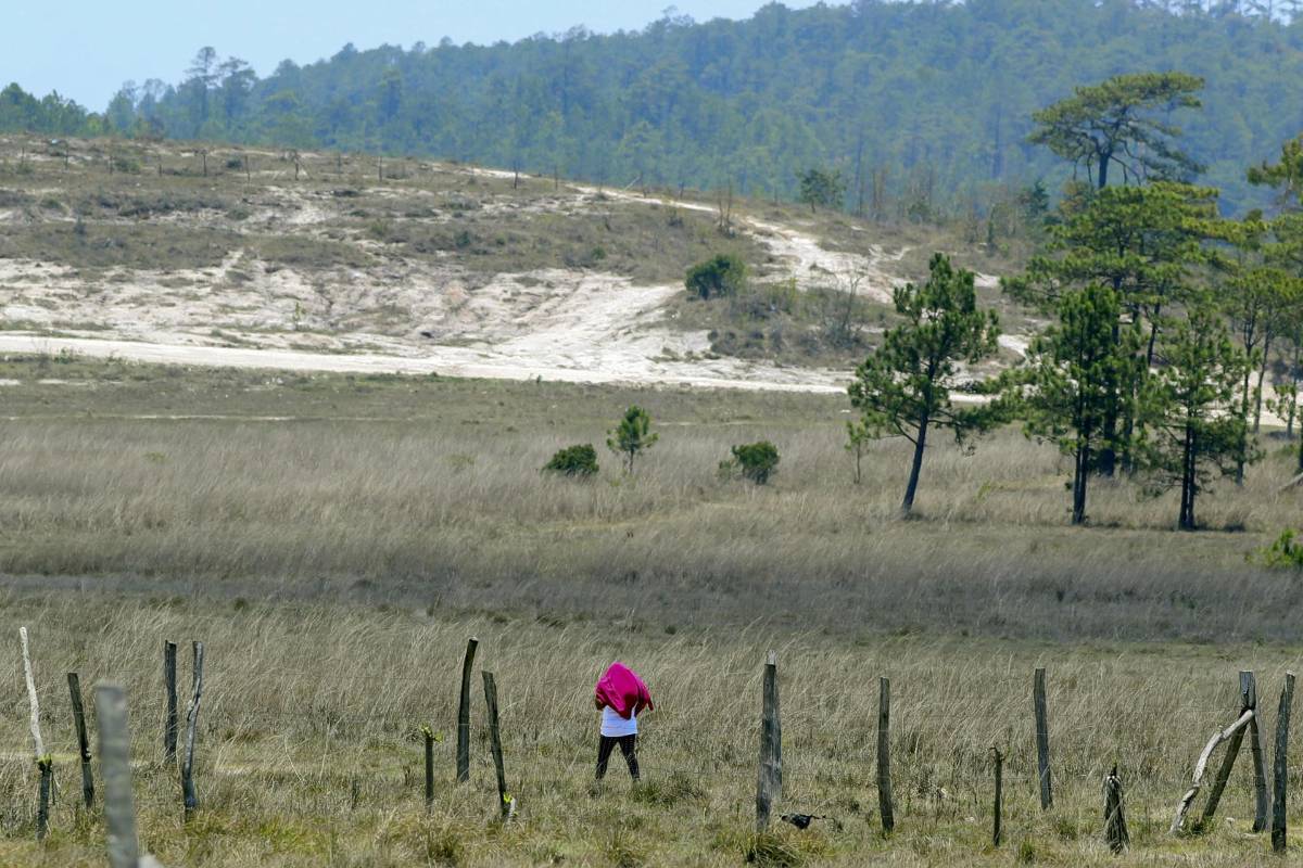 Una mujer de la etnia Lenca camina, el 4 de mayo de 2023, por un sendero de la comunidad de Lepaterique Centro, Intibucá.
