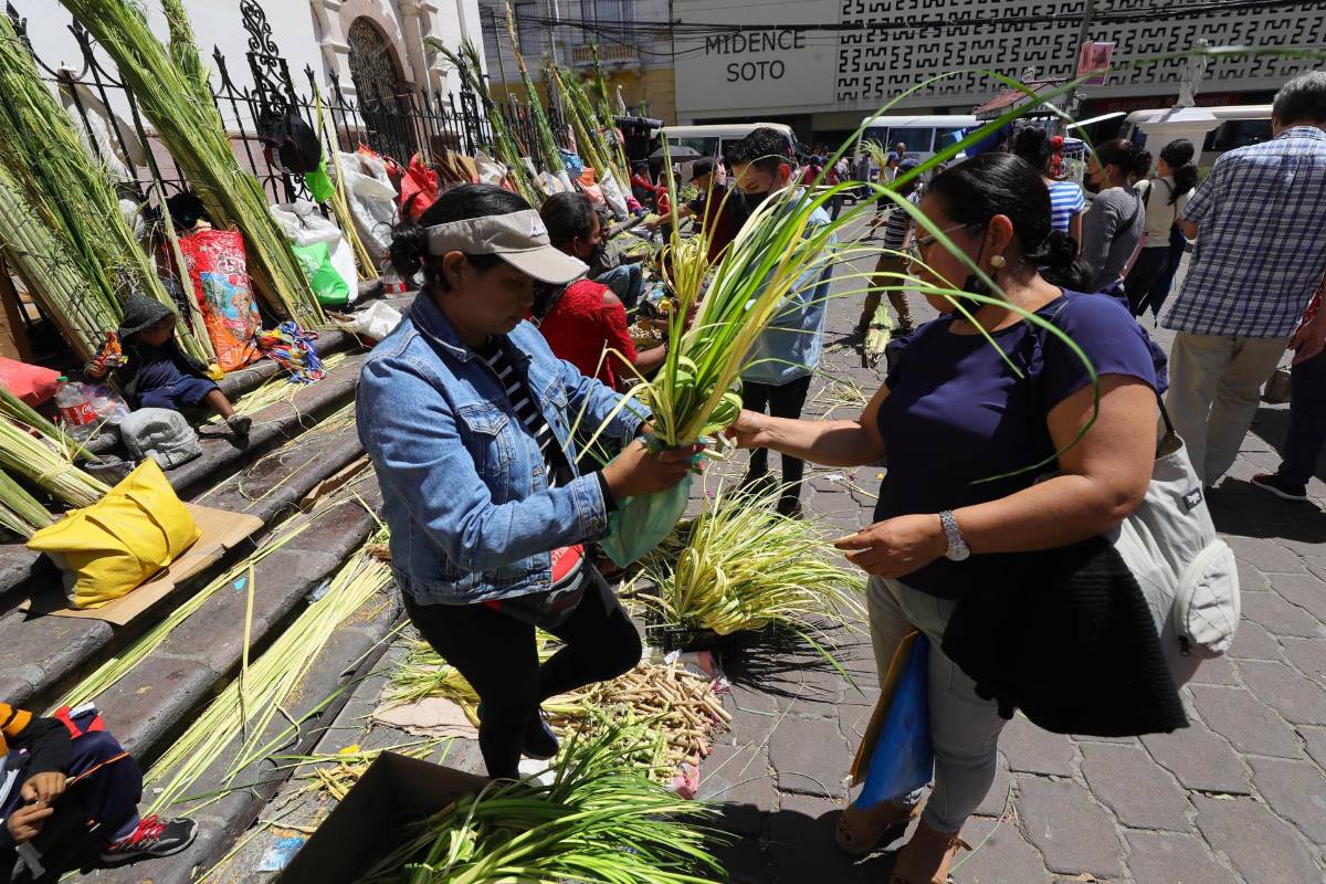 Una mujer campesina vende hoy ramos de palma para las actividades de Semana Santa, en el atrio de la catedral metropolitana en Tegucigalpa.