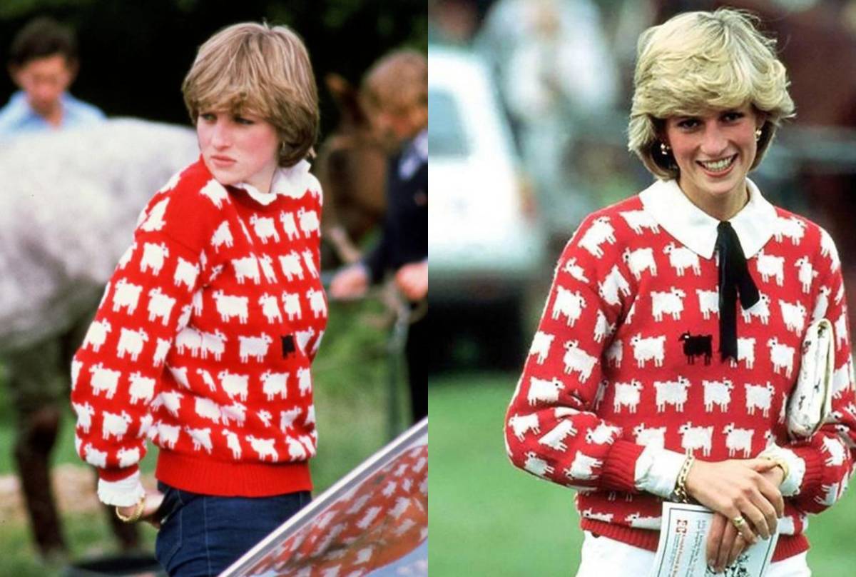En la imagen de la izquierda se puede ver a la Princesa Diana con el suéter original, el que se está subastando. Mientras que en la foto de la derecha, Diana de Gales luce el segundo suéter, el que la marca le envió después.