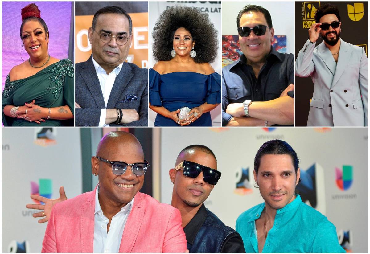 Composición de seis fotografías de archivo donde aparecen los salseros y merengueros (de i a d) La India, Gilberto Santa Rosa, Aymée Nuviola, Tito Nieves, Luis Figueroa, y (abajo) el grupo dominicano Proyecto Uno.