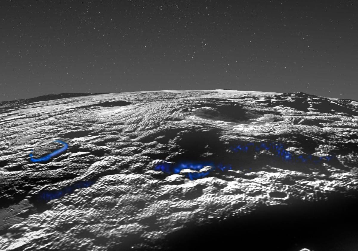 Esta imagen publicada por la NASA/Johns Hopkins University Applied Physics Laboratory/Southwest Research Institute el 29 de marzo de 2022 muestra una vista en perspectiva de la región volcánica helada de Plutón.