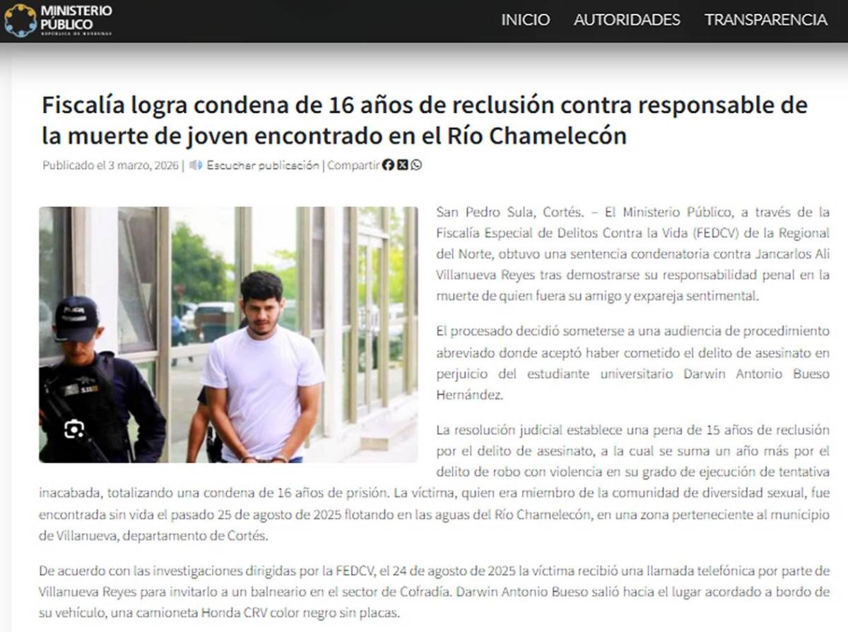 De pareja a asesino: crimen en el río Chamelecón termina con condena de 16 años