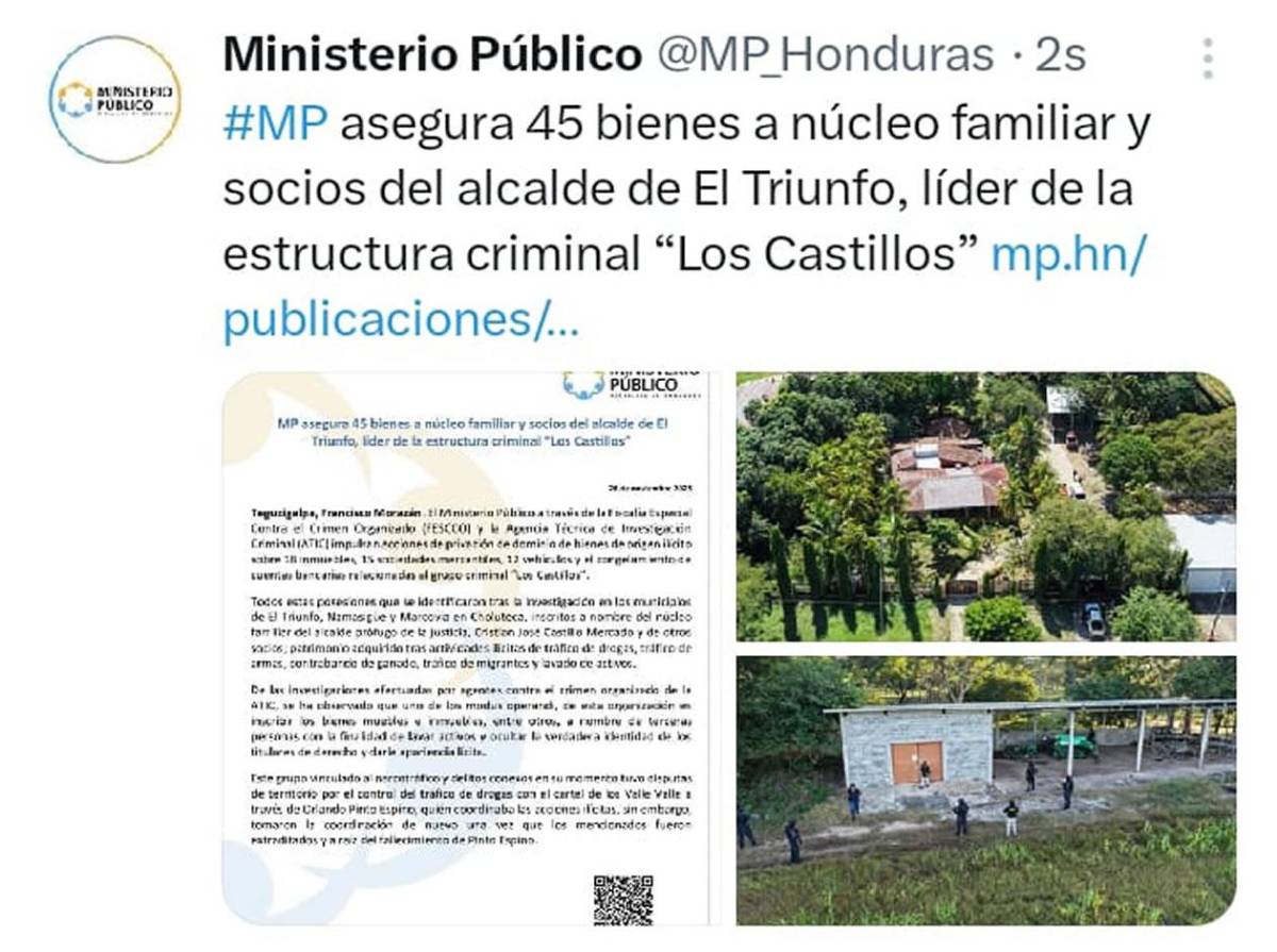 MP asegura bienes a Los Castillos, red vinculada al alcalde de El Triunfo, Choluteca