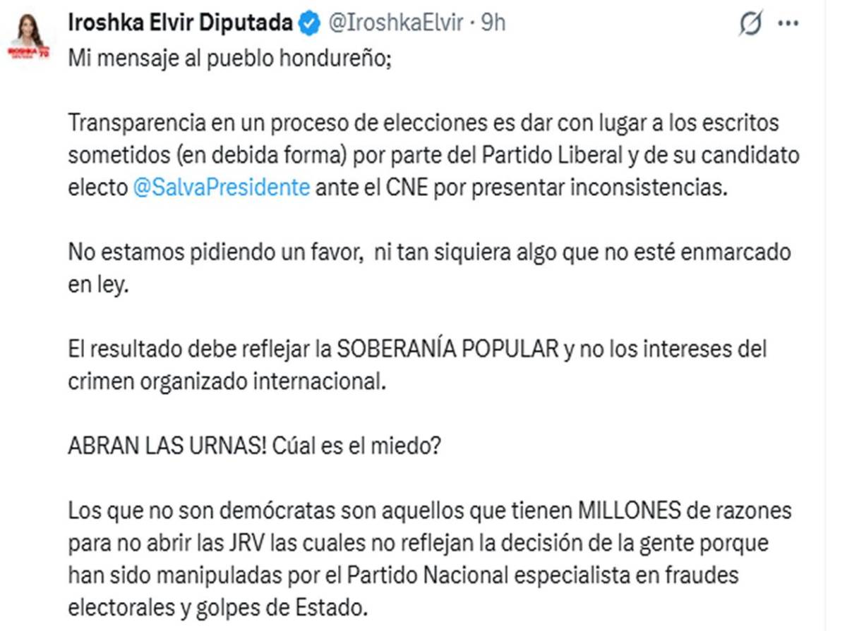Iroshka Elvir: “Abran las urnas, ¿cuál es el miedo?”