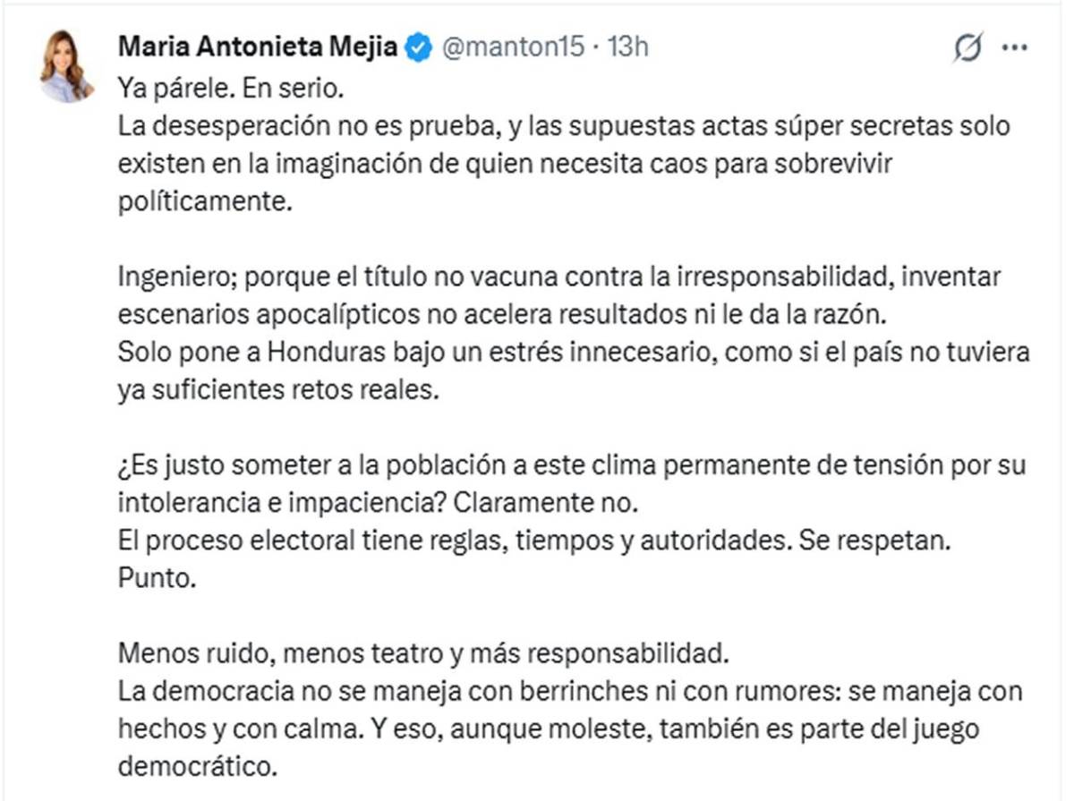 María Antonieta Mejía cuestiona a Nasralla y Marlon Ochoa: Todo quedó al descubierto