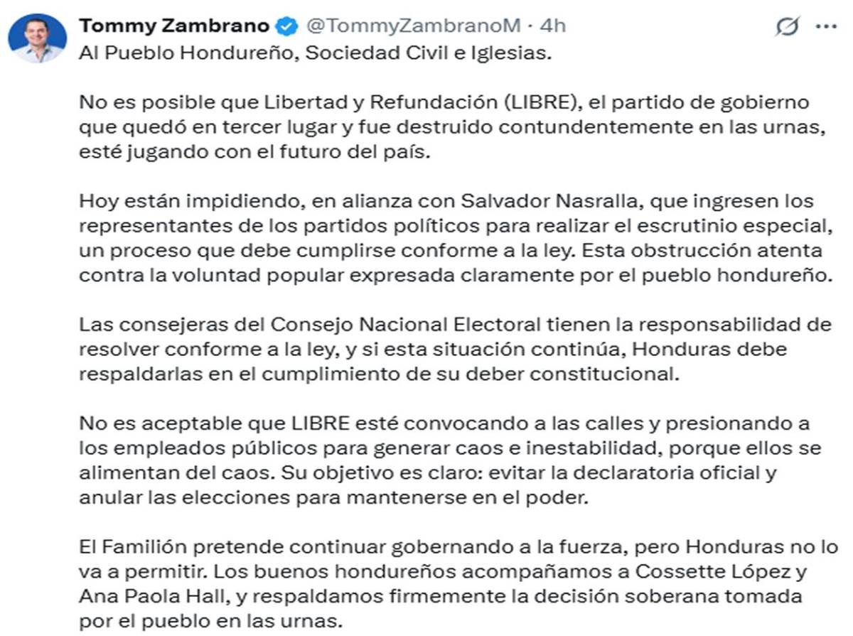 Tomás Zambrano a Libre: “Su objetivo es claro: evitar la declaratoria oficial y anular las elecciones”