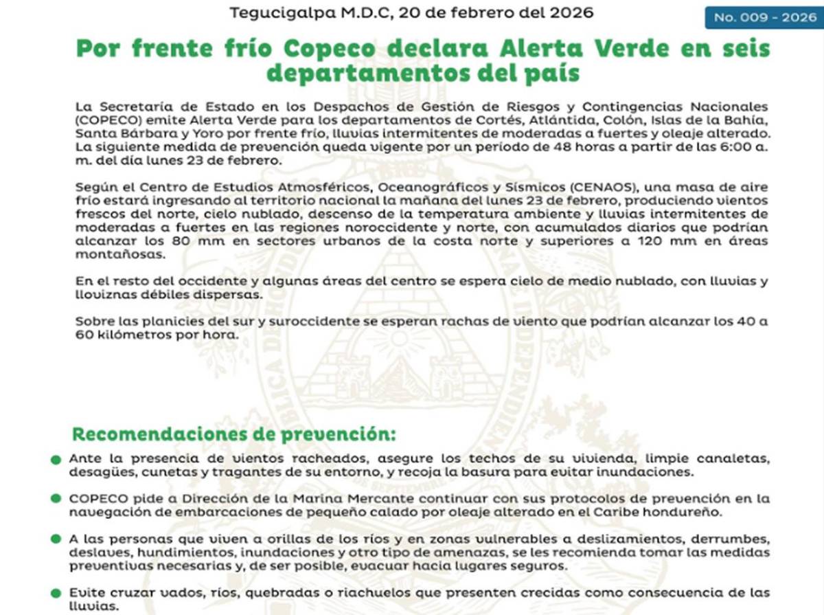 Un frente frío de 48 horas: Copeco declara alerta verde