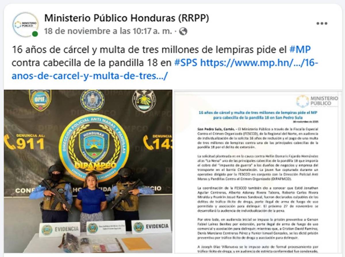 ¿Quién es La Nena, la presunta pandillera detenida en San Pedro Sula?