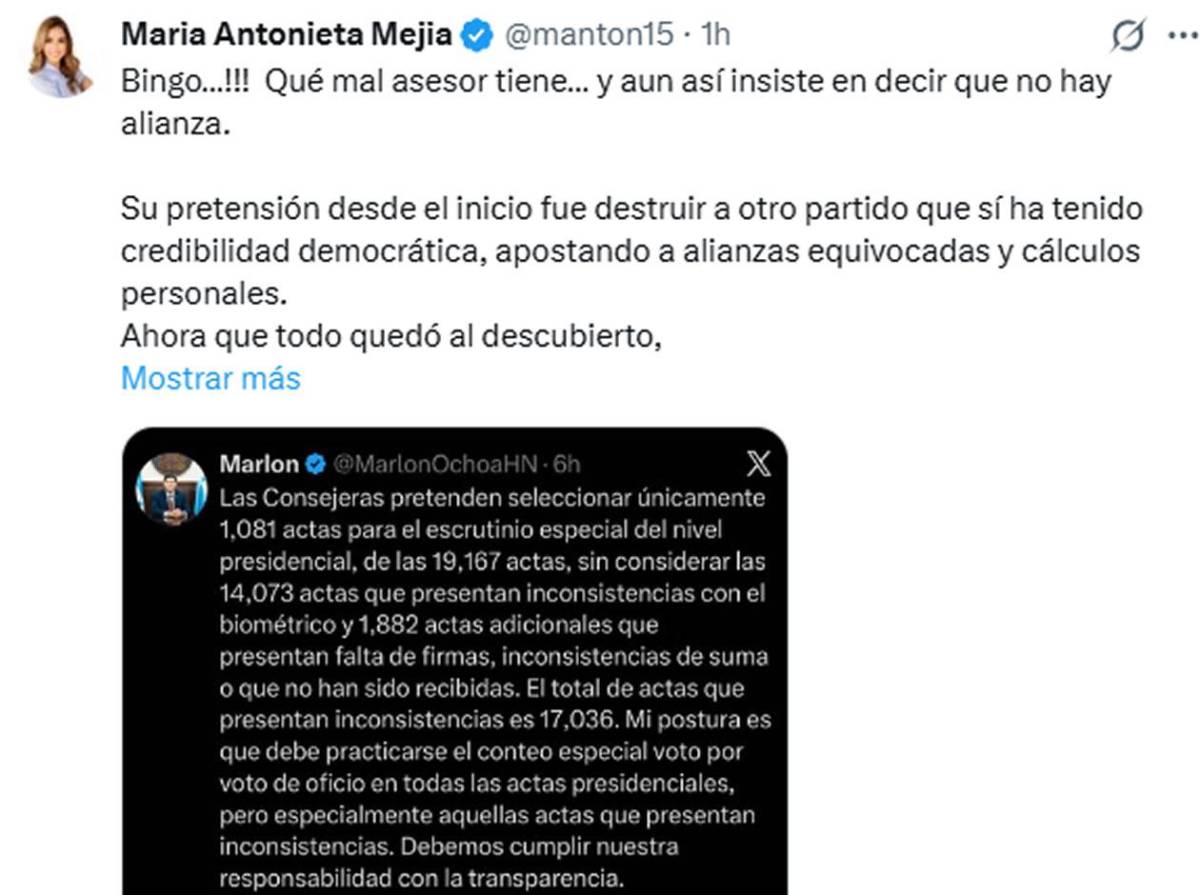 María Antonieta Mejía cuestiona a Nasralla y Marlon Ochoa: Todo quedó al descubierto