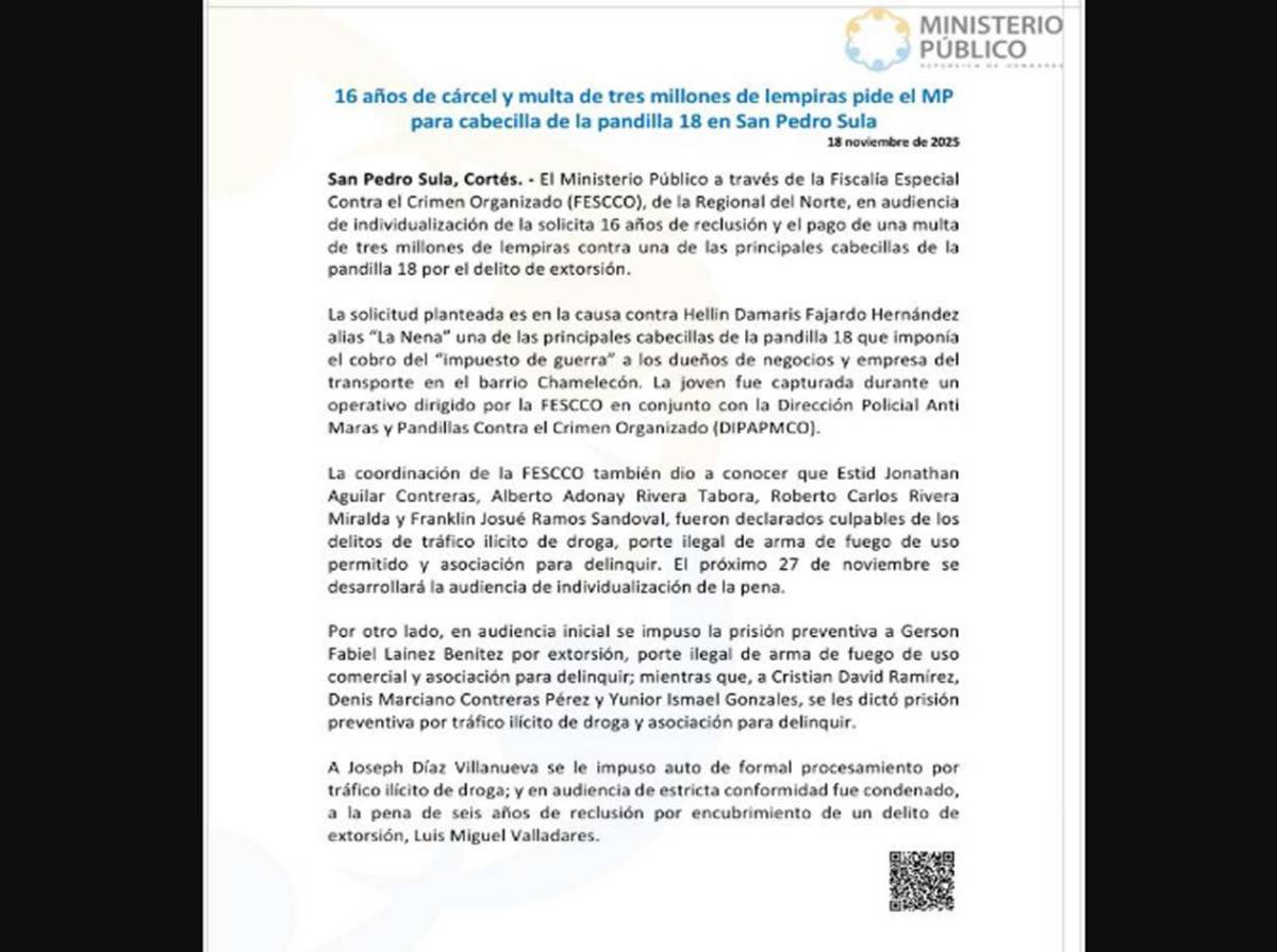 ¿Quién es La Nena, la presunta pandillera detenida en San Pedro Sula?