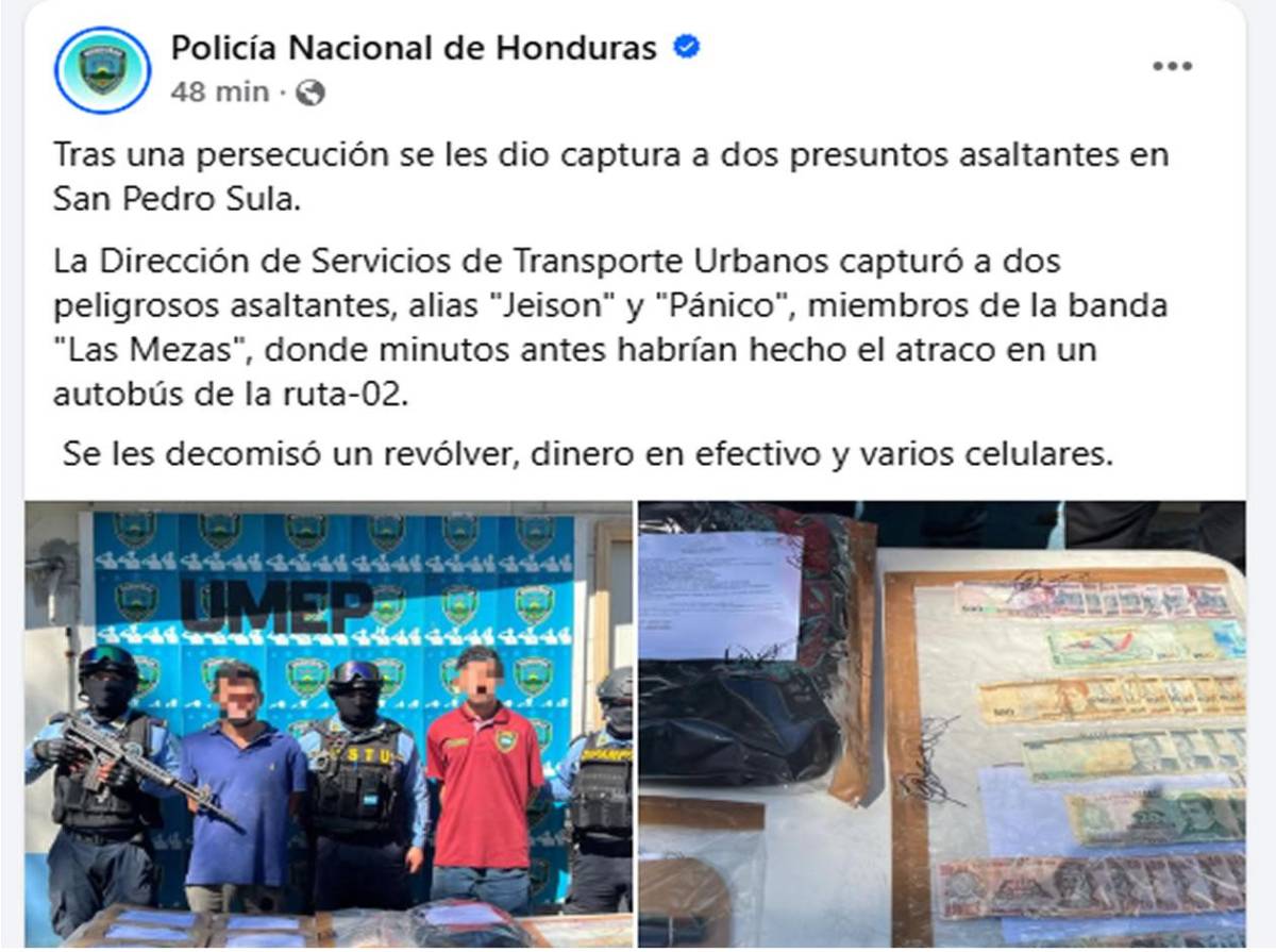 Tras una persecución, detienen a dos asaltantes en San Pedro Sula