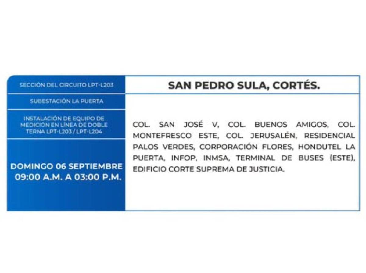 Seis horas sin luz este domingo 6 de septiembre en estos sectores de Honduras