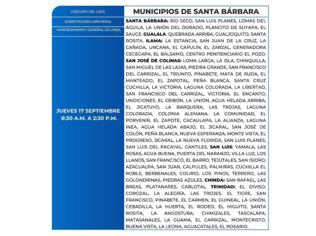 Zonas que no tendrán energía eléctrica este jueves 17 de septiembre en Honduras