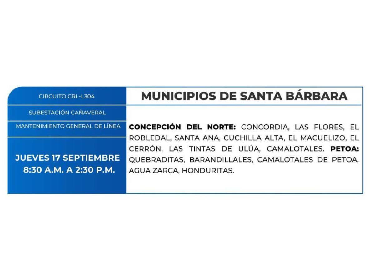 Zonas que no tendrán energía eléctrica este jueves 17 de septiembre en Honduras