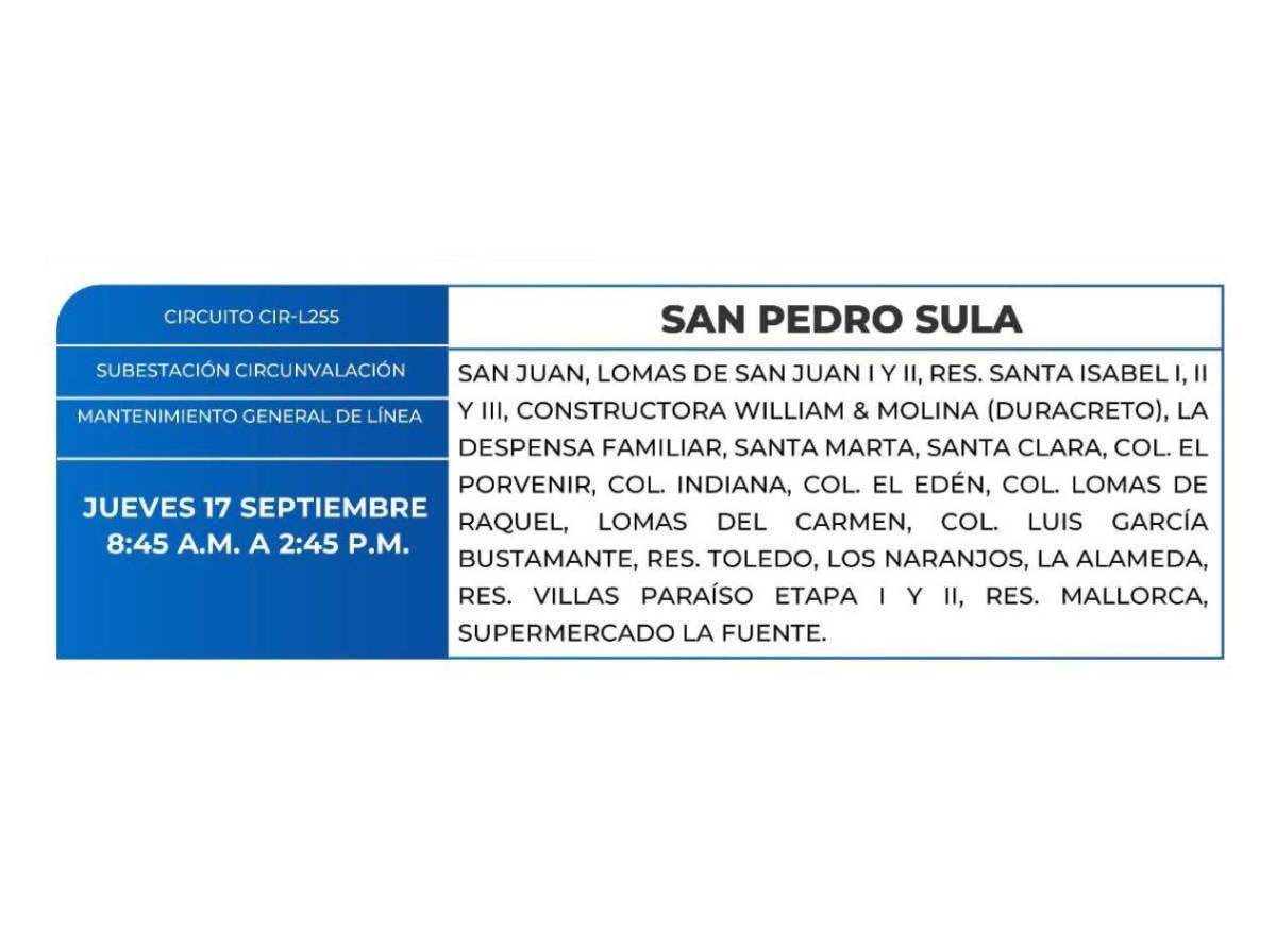 Zonas que no tendrán energía eléctrica este jueves 17 de septiembre en Honduras