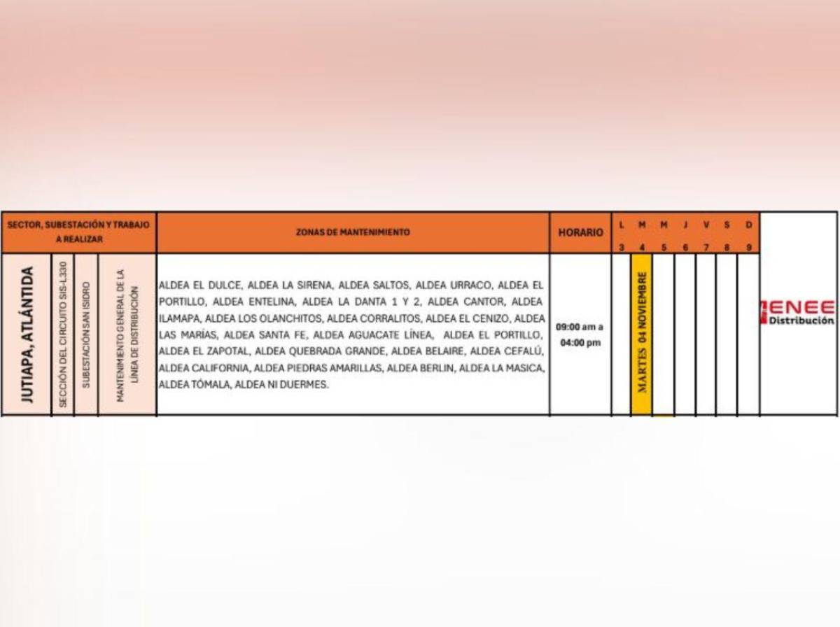 Zonas de Honduras sin energía eléctrica este martes 4 de noviembre