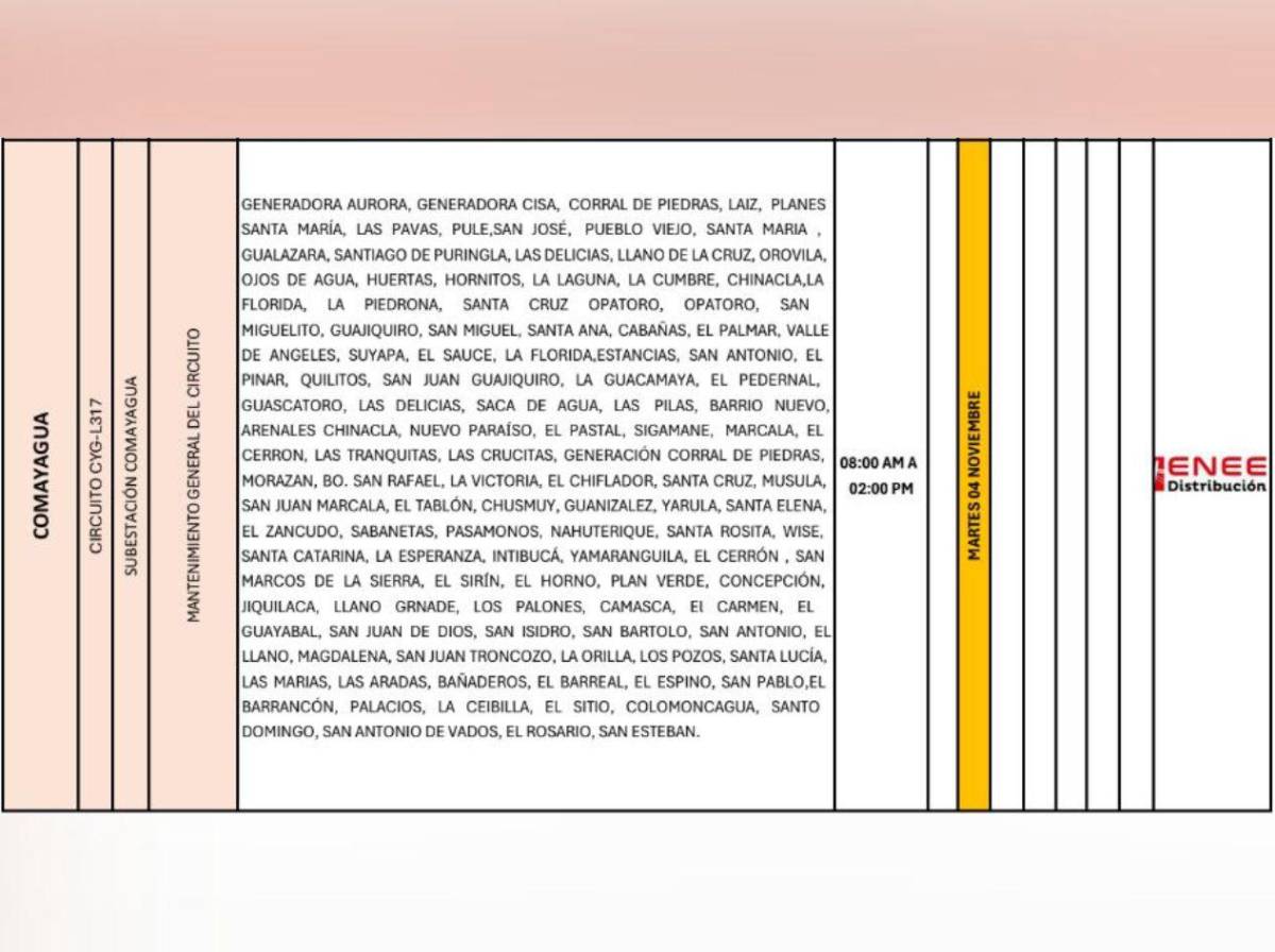 Zonas de Honduras sin energía eléctrica este martes 4 de noviembre