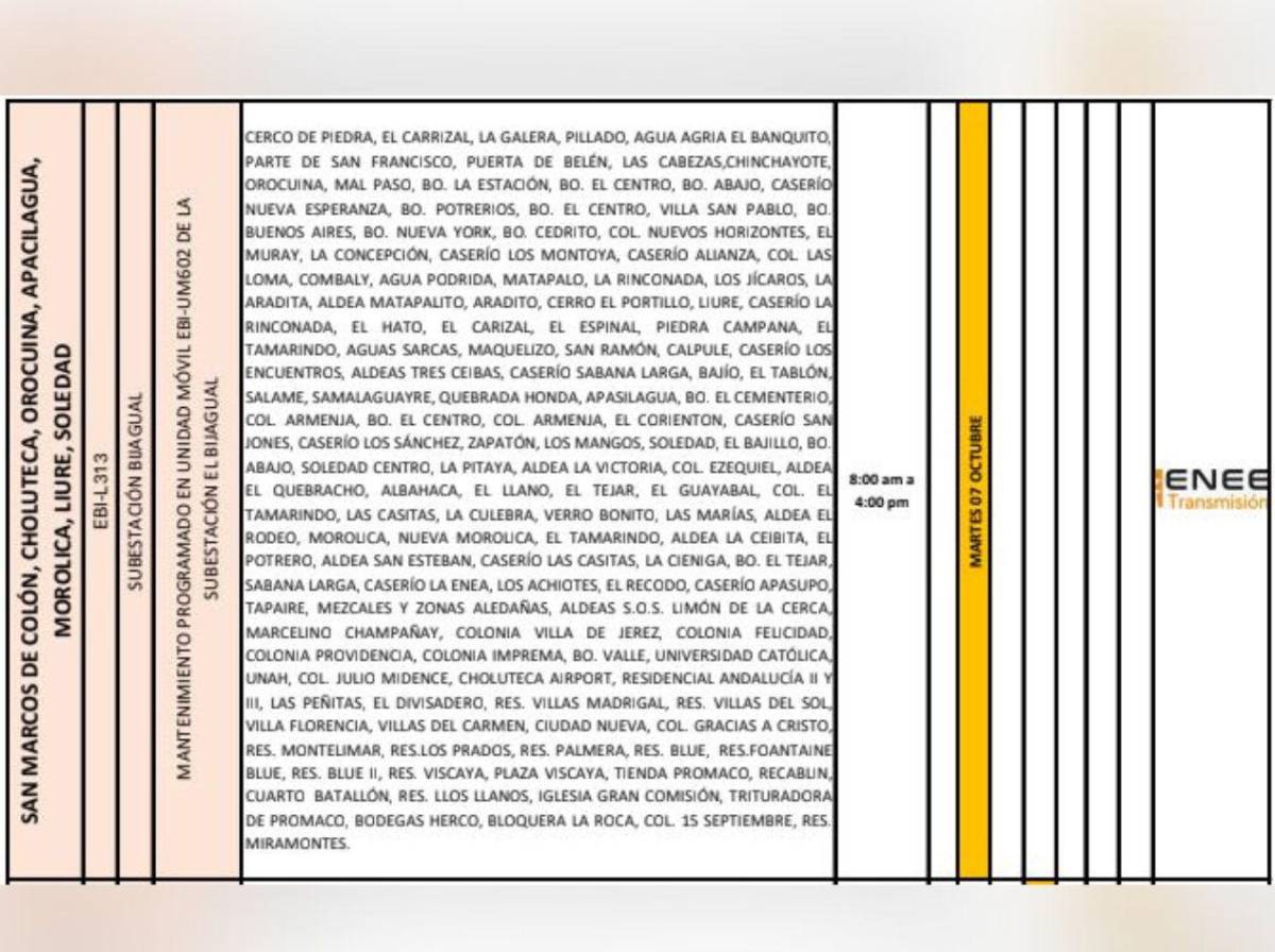 ¿Qué zonas no tendrán luz este martes 7 de octubre en Honduras?
