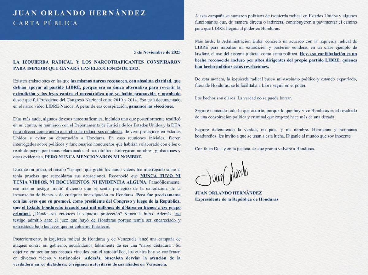 Juan Orlando Hernández envía carta desde la cárcel con impactante acusación