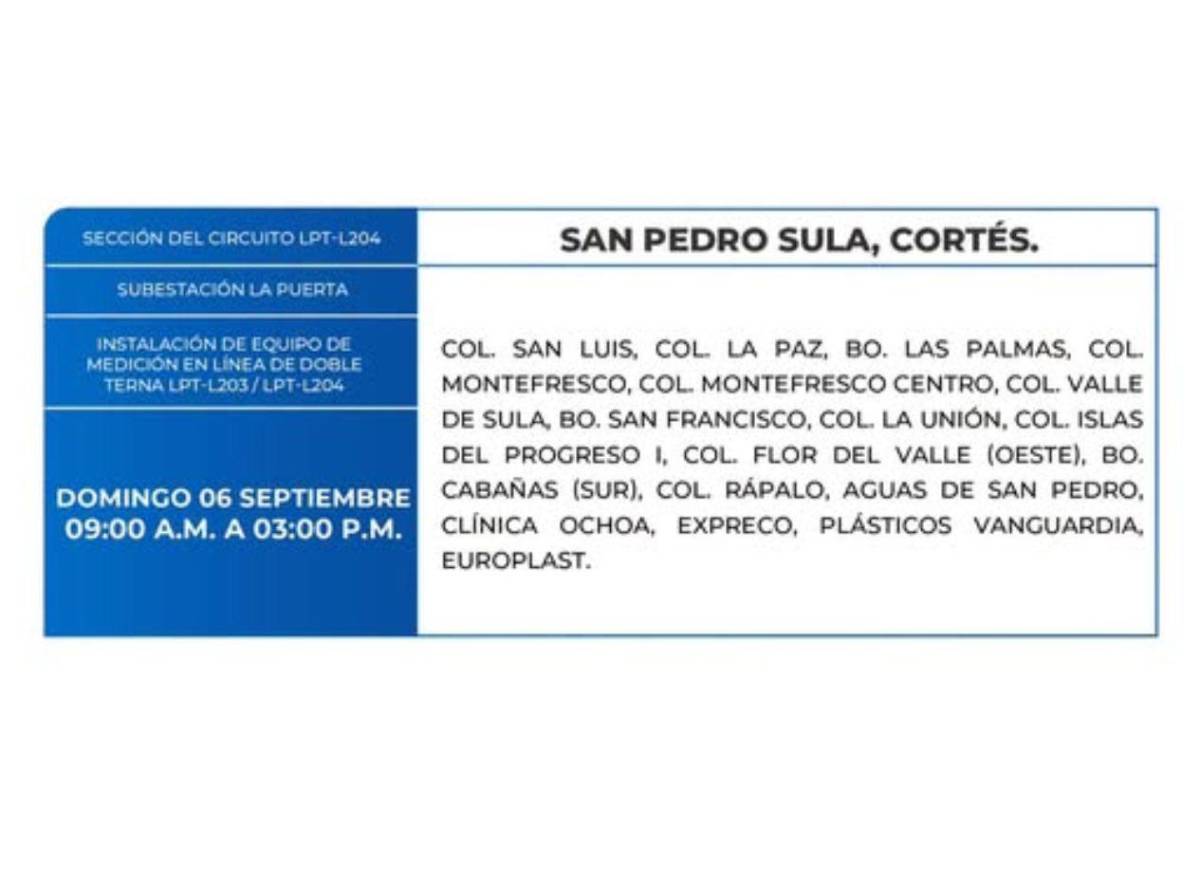 Seis horas sin luz este domingo 6 de septiembre en estos sectores de Honduras