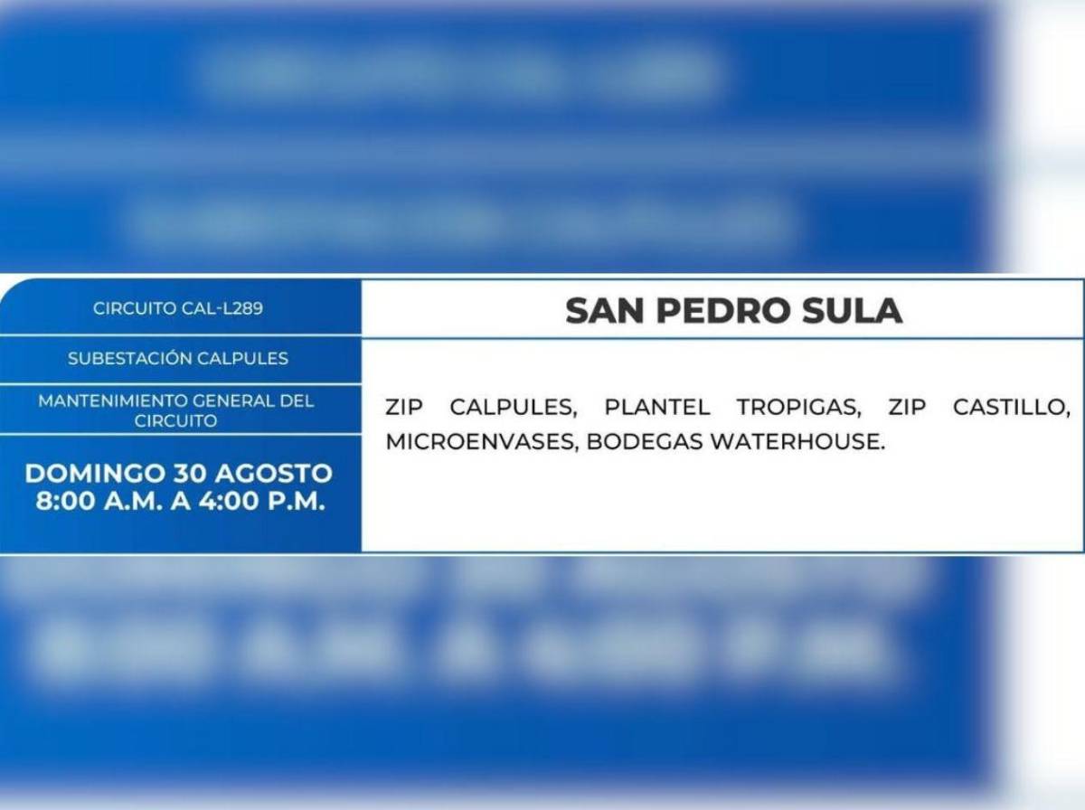 Ocho horas sin luz estarán estas zonas de San Pedro Sula este domingo 30 de agosto