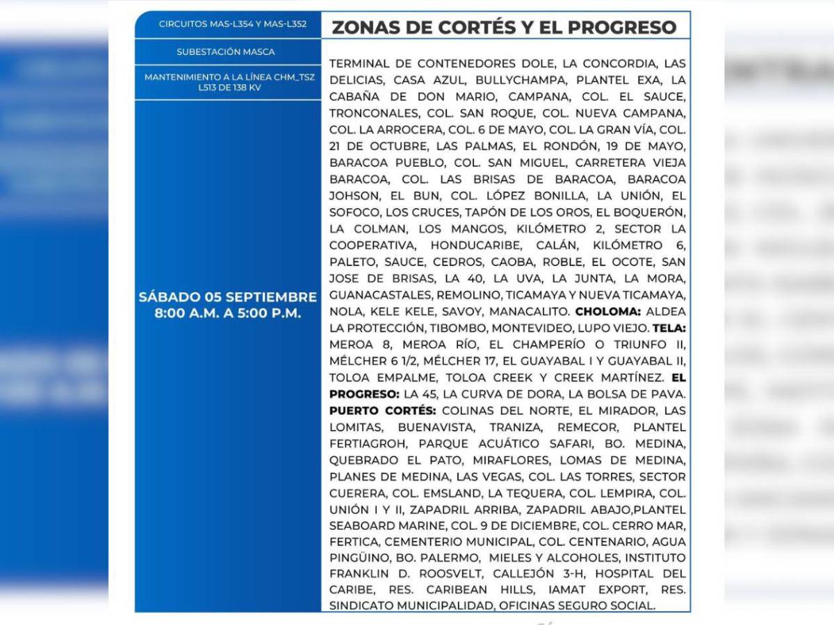 Zonas de Honduras que no tendrán energía eléctrica este sábado 5 de septiembre