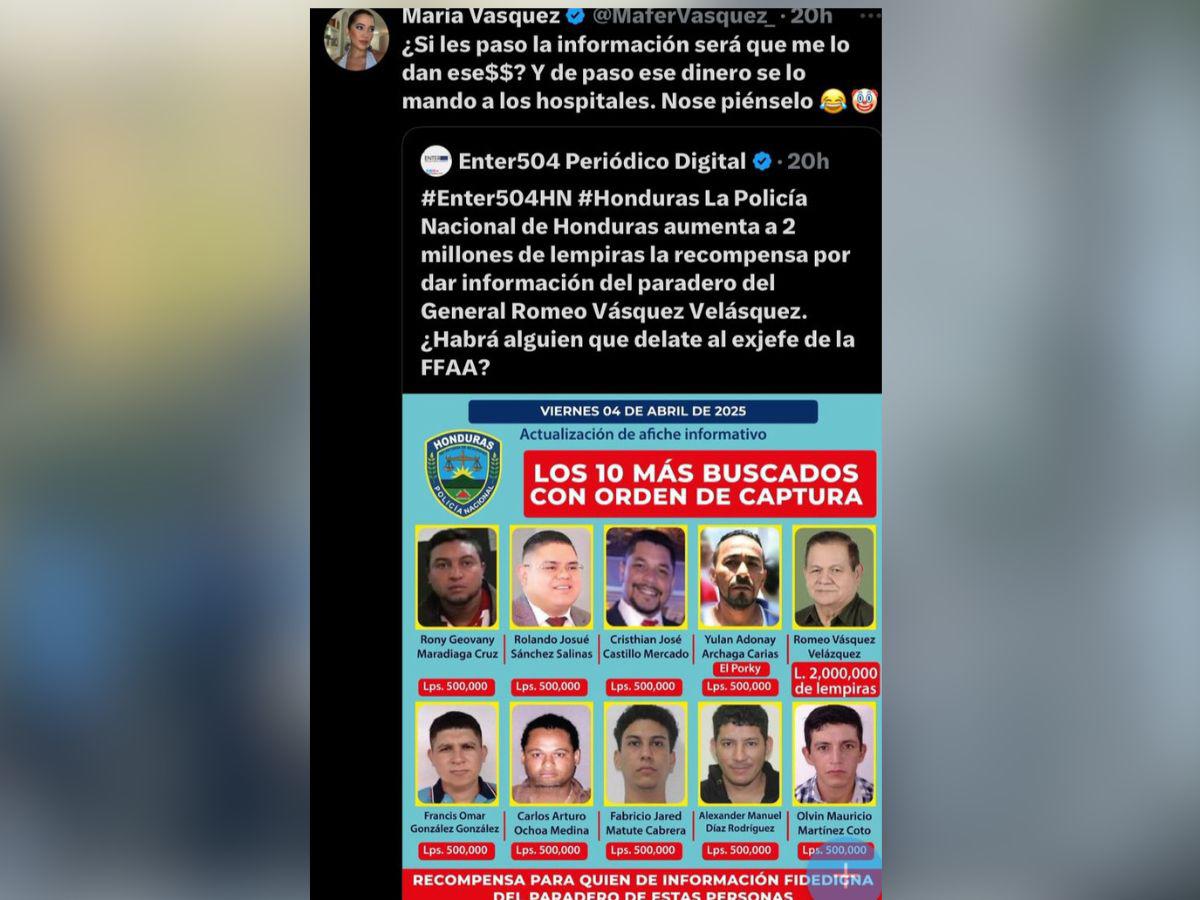 Hija de Romeo Vásquez rompe el silencio tras recompensa de 2 millones de lempiras