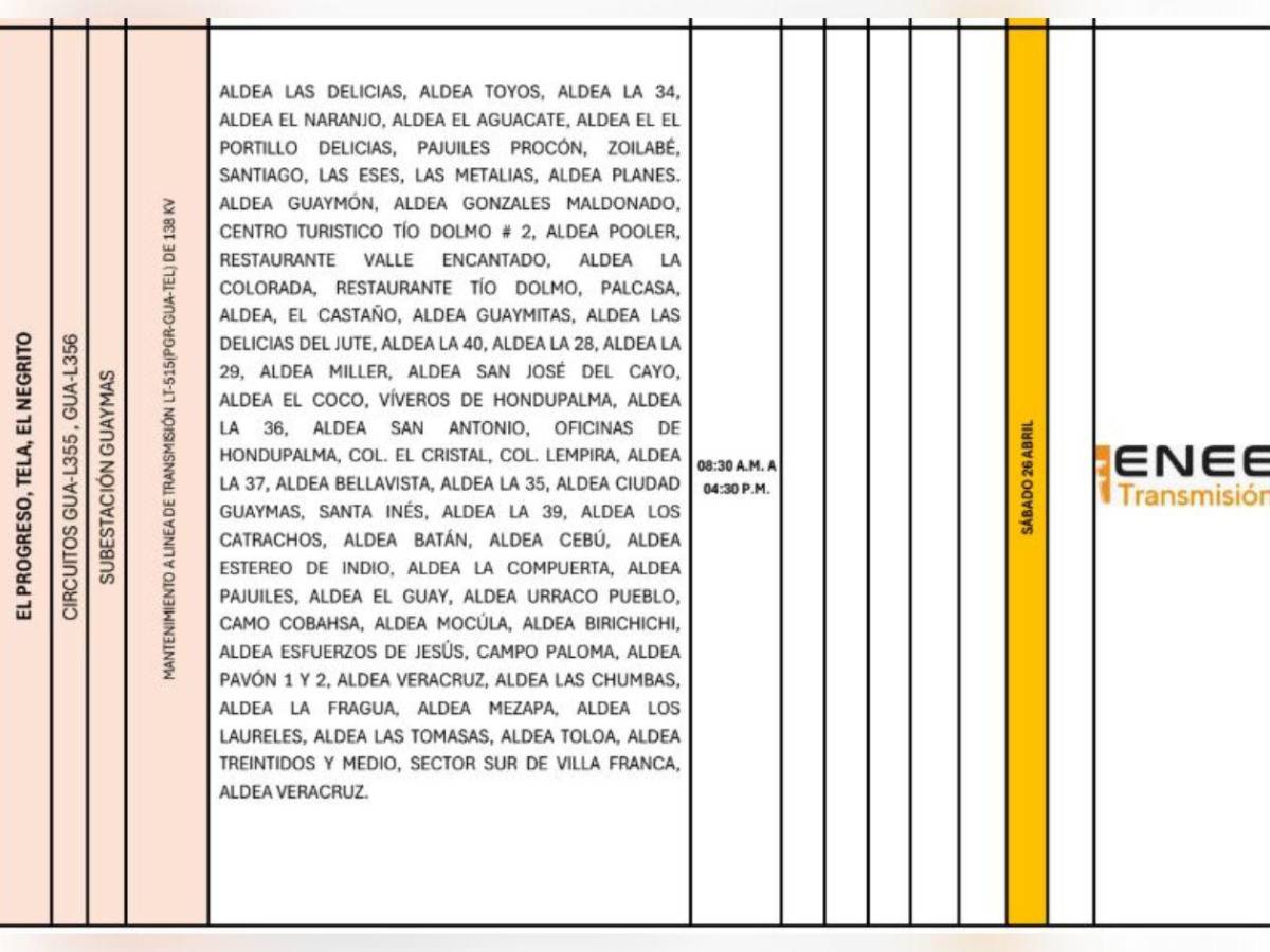 Enee anuncia masivos cortes de luz en Honduras este sábado 26 de abril