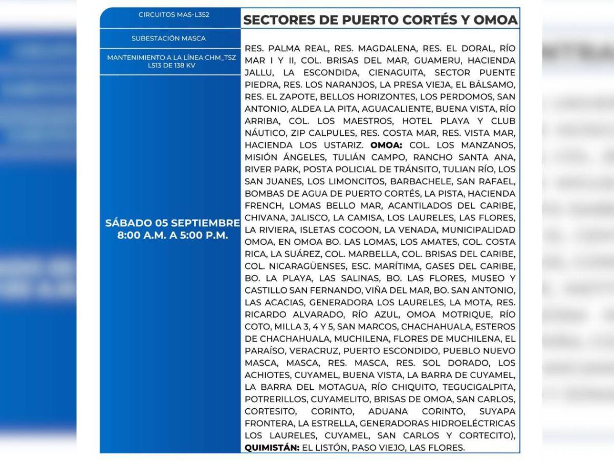 Zonas de Honduras que no tendrán energía eléctrica este sábado 5 de septiembre