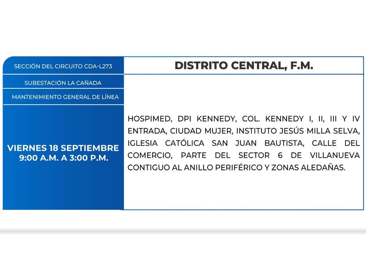 Masivos cortes de energía para este viernes 18 de septiembre en San Pedro Sula y Tegucigalpa