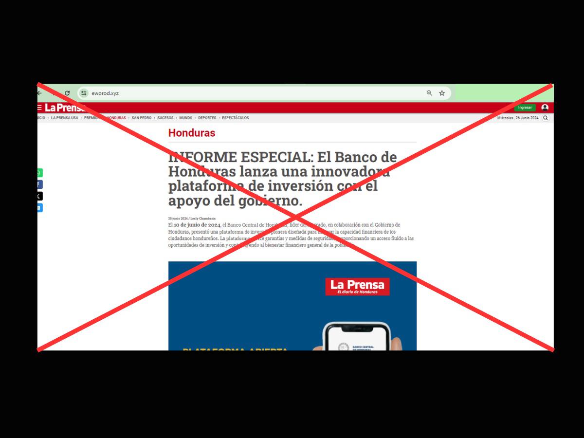 Captura de pantalla al sitio web que suplanta a LA PRENSA, realizada el 4 de julio de 2024.