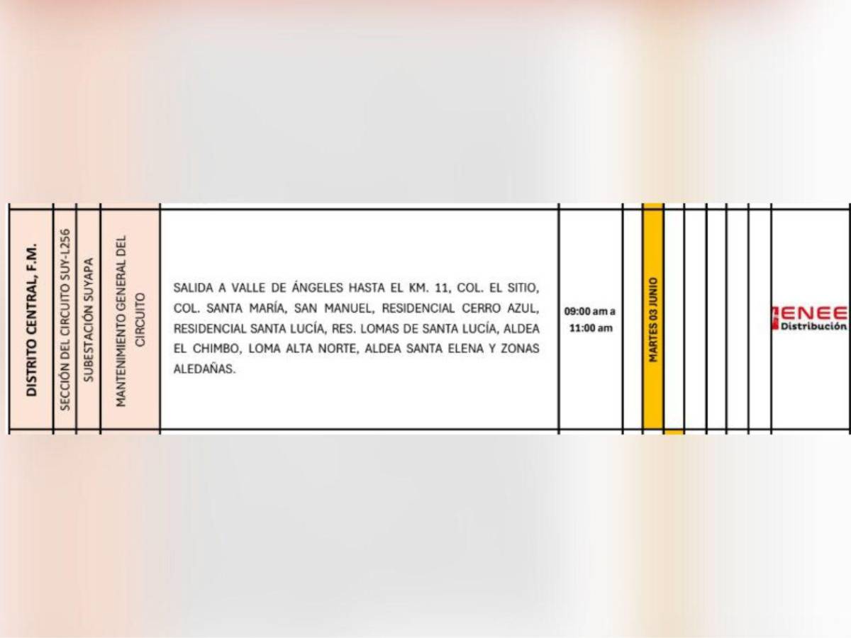 Cortes de luz programados por la Enee este martes 3 de junio en Honduras