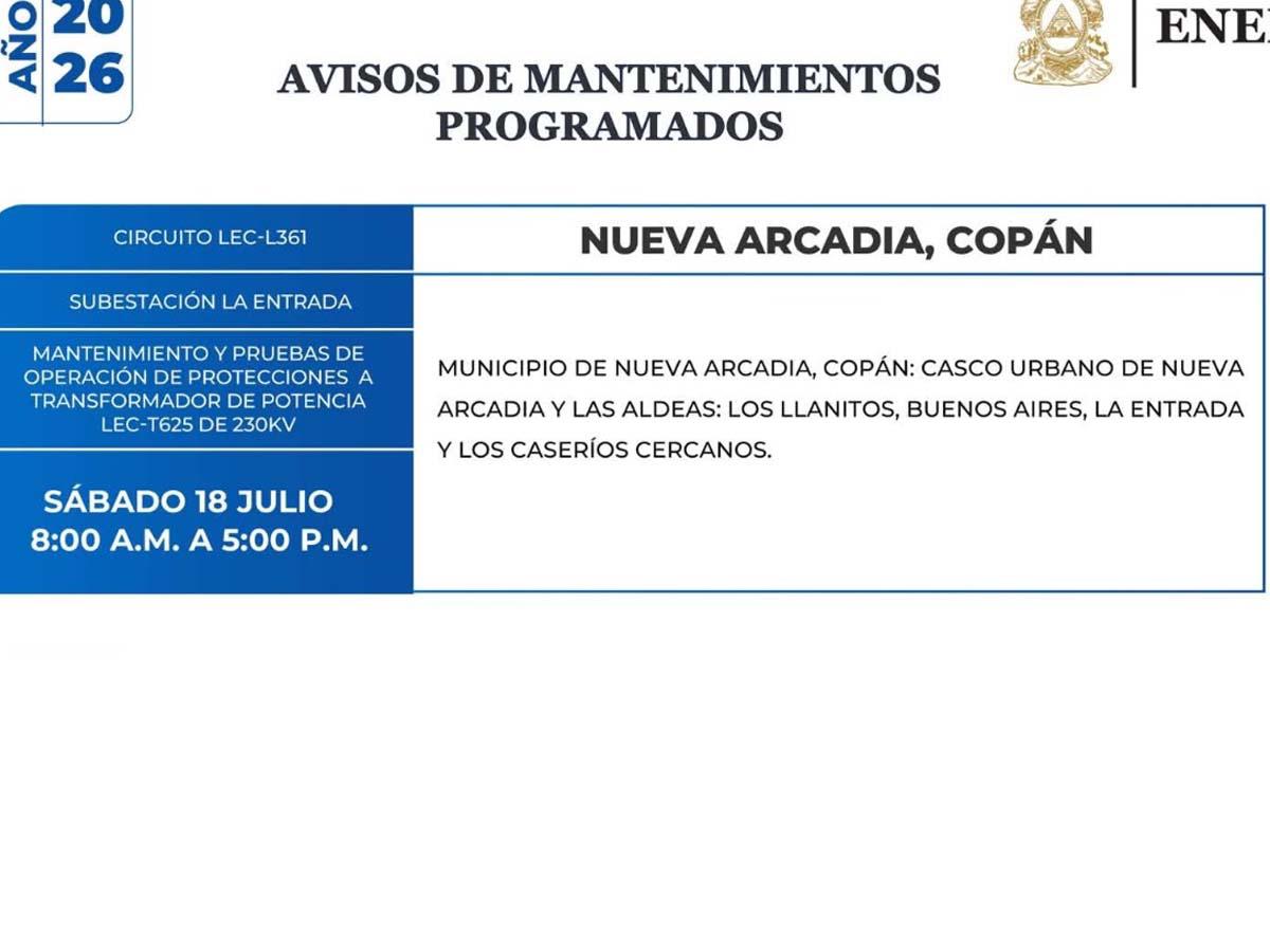 Miles de abonados de Copán, Ocotepeque y Santa Bárbara estarán sin energía este sábado 18 de julio