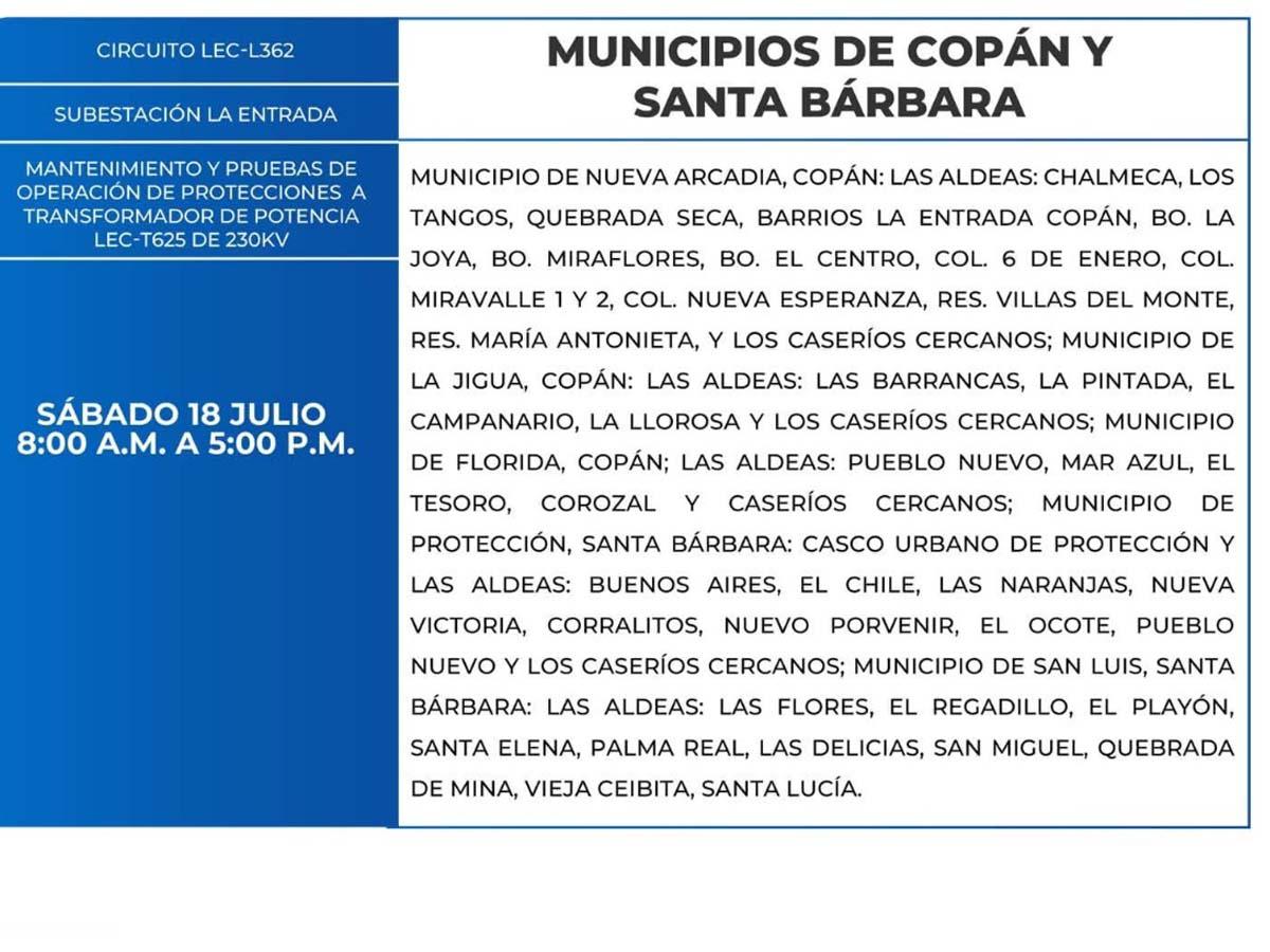 Miles de abonados de Copán, Ocotepeque y Santa Bárbara estarán sin energía este sábado 18 de julio