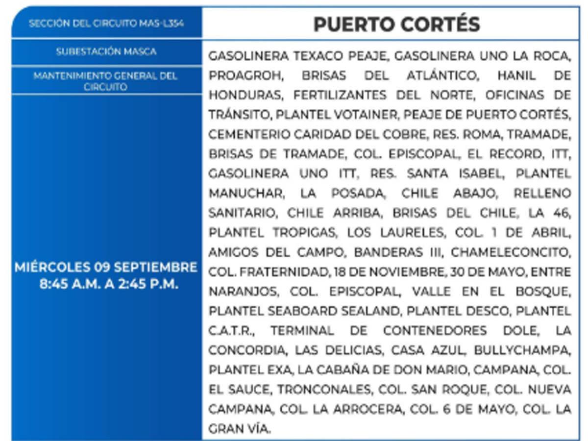 Cortes de energía de este miércoles 9 de septiembre en varias zonas de Honduras